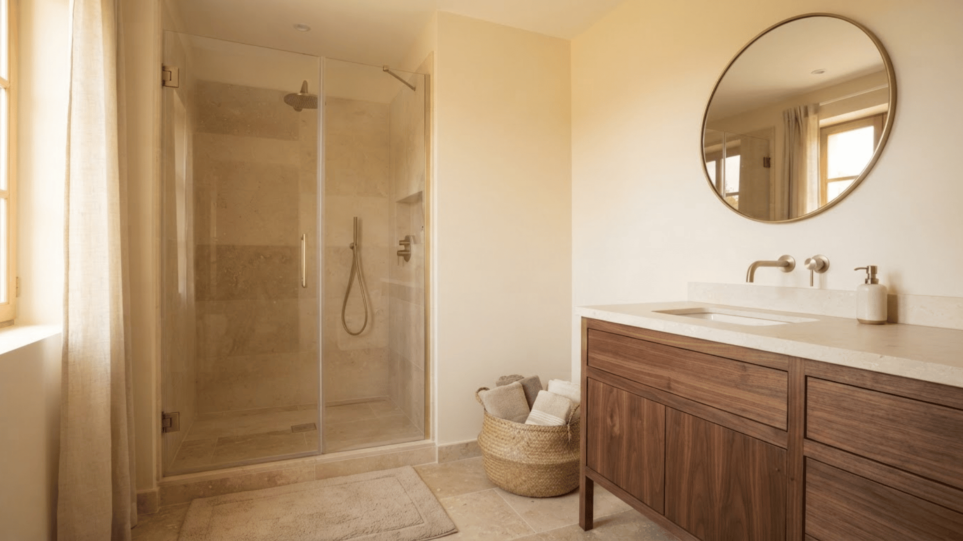 cream bathroom with warm walls, wood vanity, beige tile, and glass shower