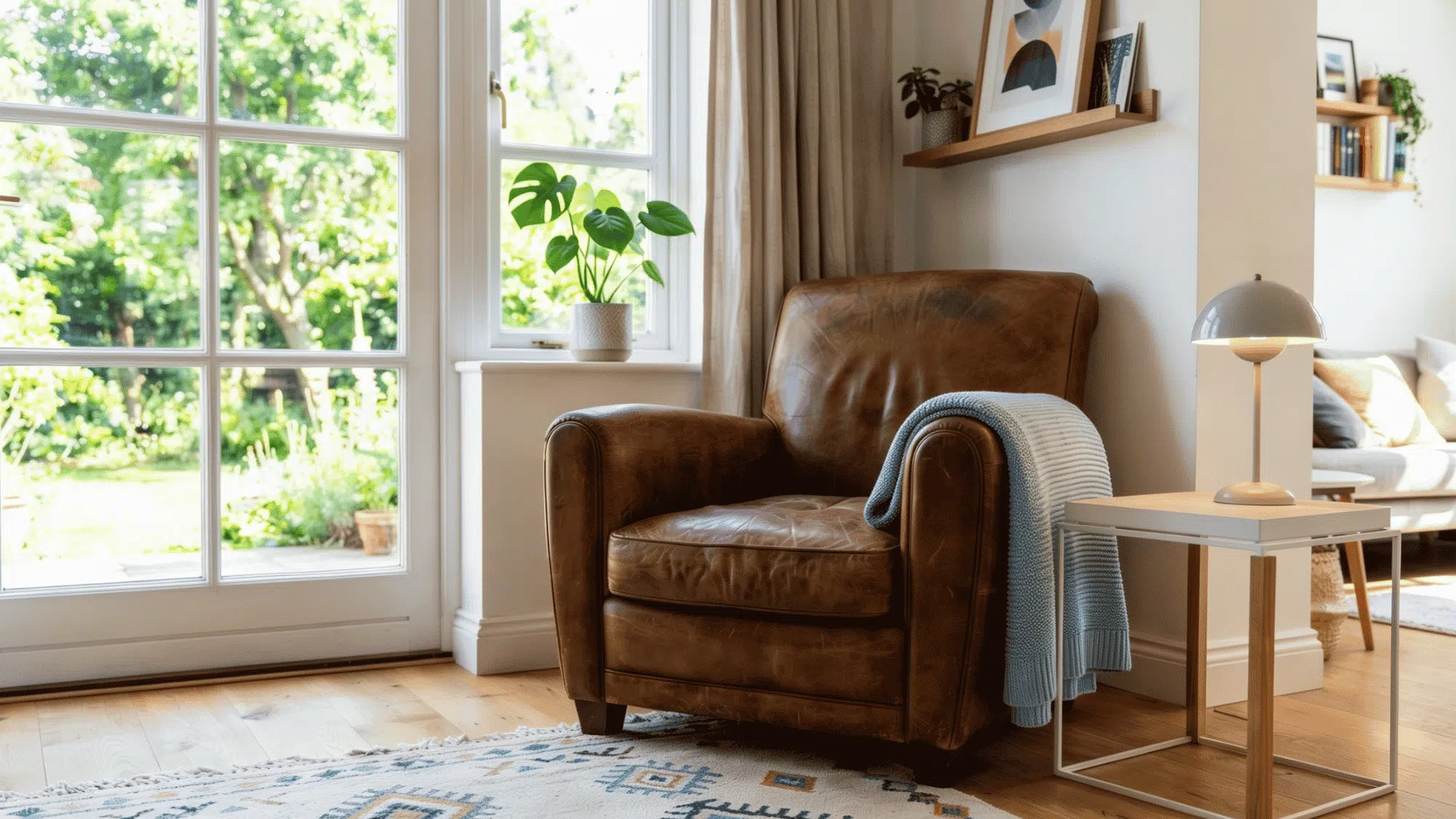 Cozy reading corner with armchair, warm lamp, side table, books, throw blanket, and rug.