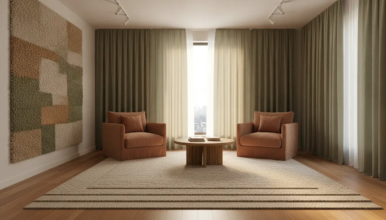 Two rust-colored armchairs facing round wooden table in cozy living room with beige curtains