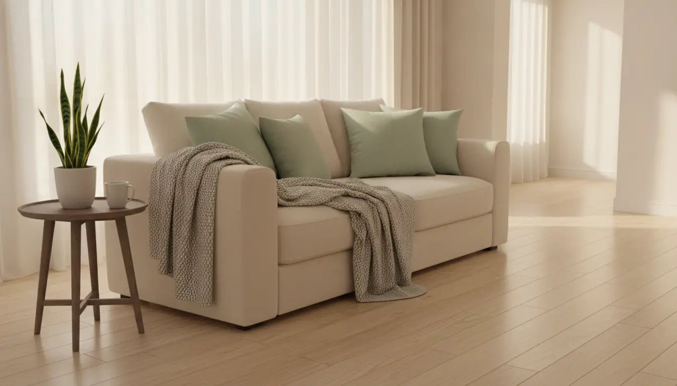 Beige sofa with green pillows and knit blanket in sunny living room with wooden floor