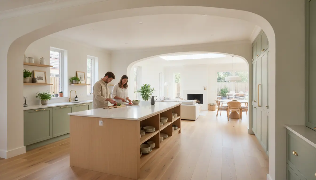 Two people chopping vegetables in spacious modern kitchen with green cabinets and wooden floors