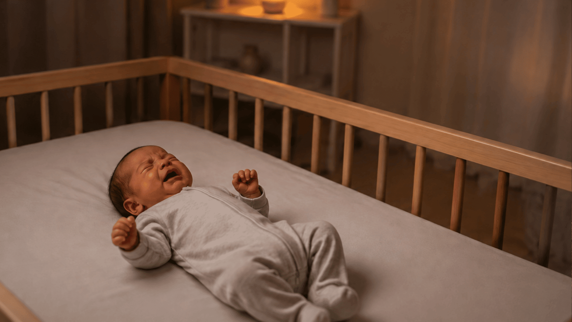 crying newborn baby lying safely on a firm crib mattress in a softly lit nursery at night.