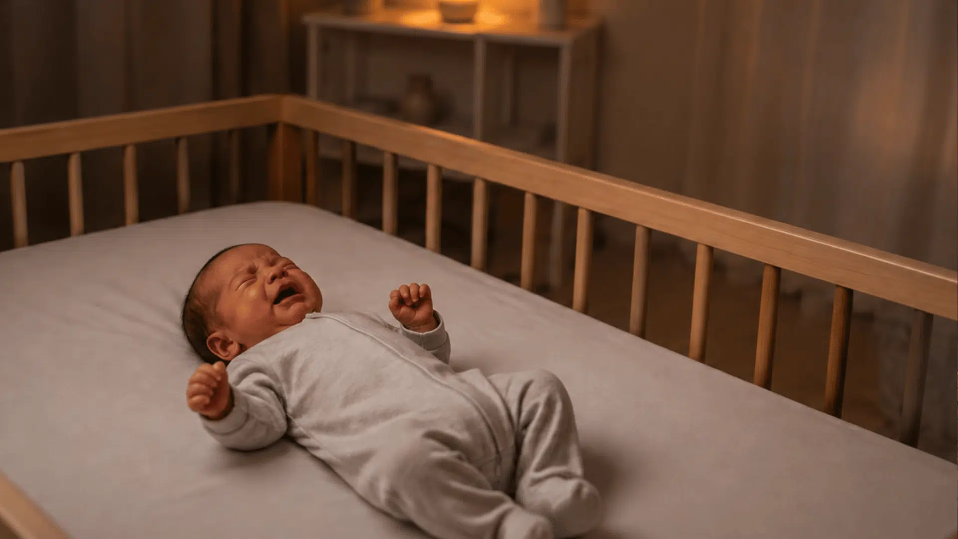crying newborn baby lying safely on a firm crib mattress in a softly lit nursery at night.