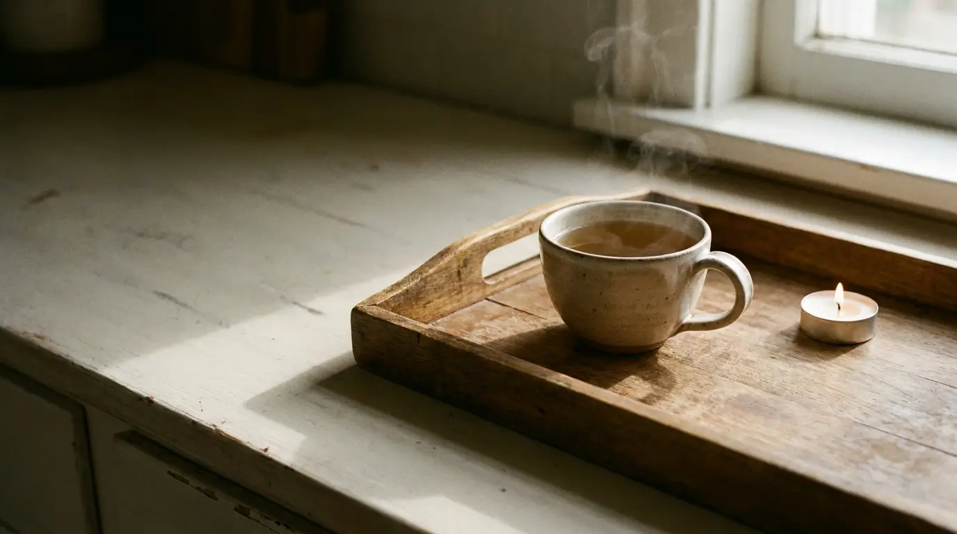 Steaming cup of tea on wooden tray beside lit candle by window