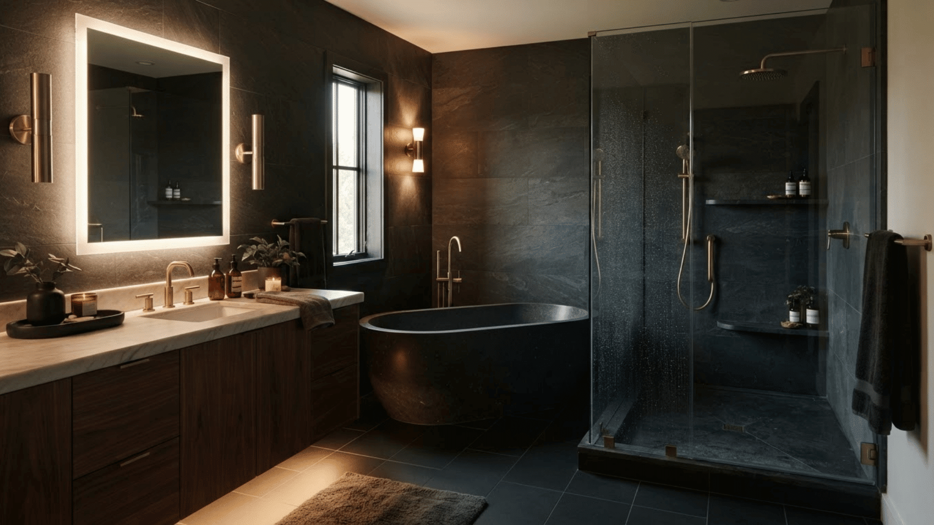 dark luxury bathroom with black stone walls, dark tub, wood vanity, and warm lighting