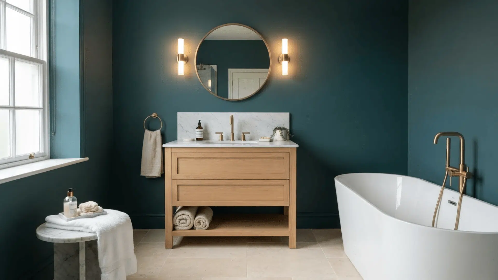 deep blue-green bathroom with wood vanity, white tub, brass fixtures, and pale flooring