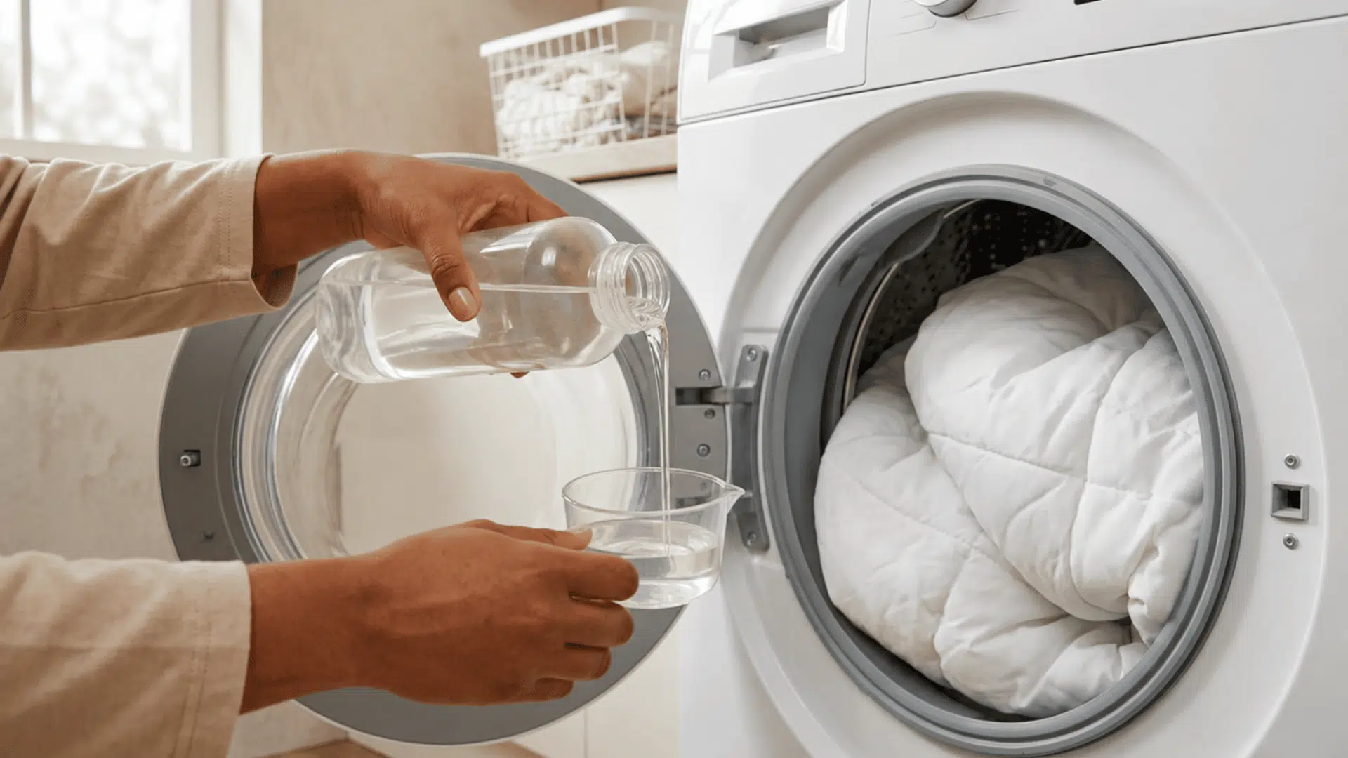 person adjusting a white washer dial beside a softly lit laundry room counter at a home