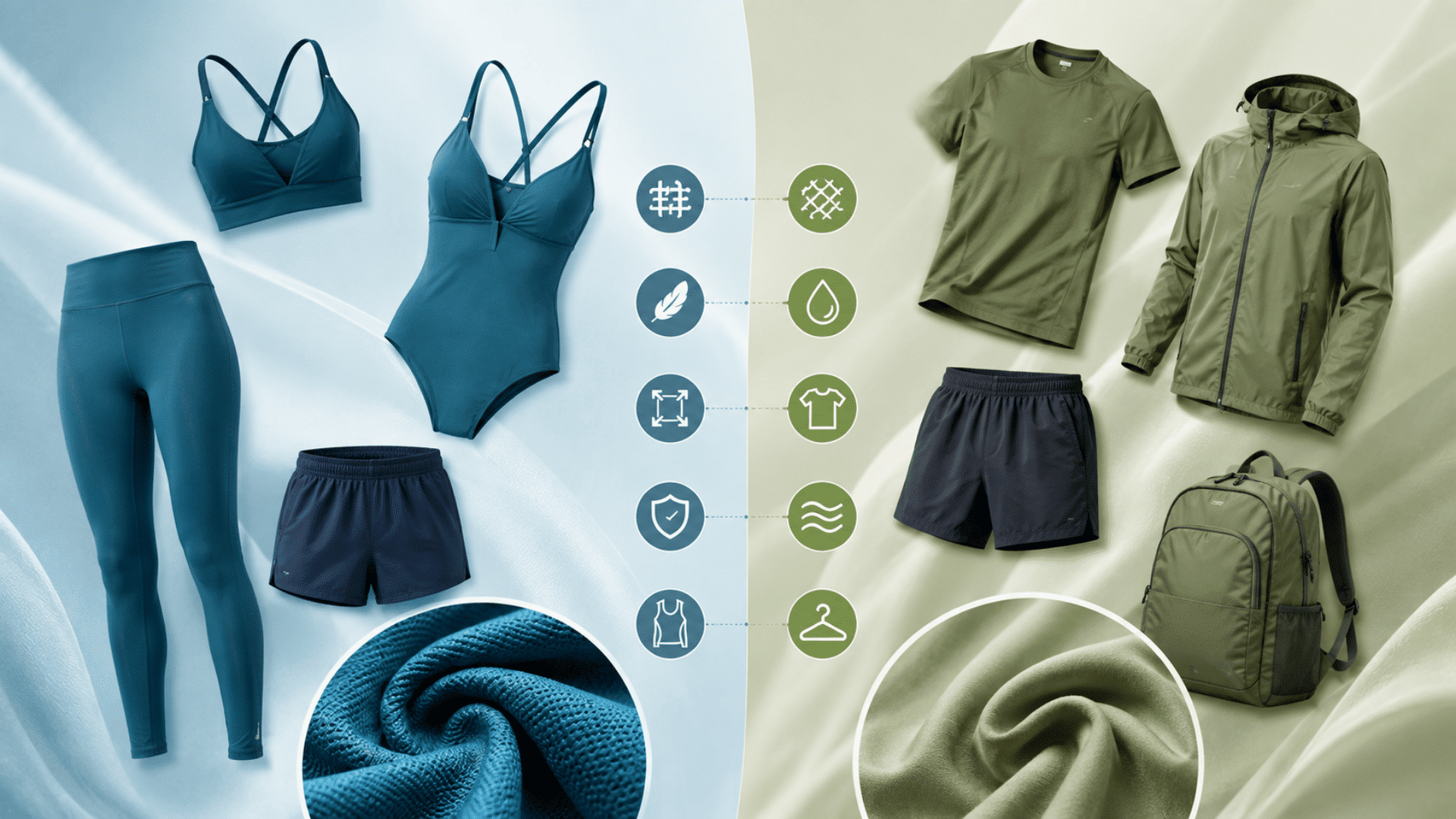 blue polyamide activewear and green polyester clothing arranged beside close-up fabric textures and comparison icons