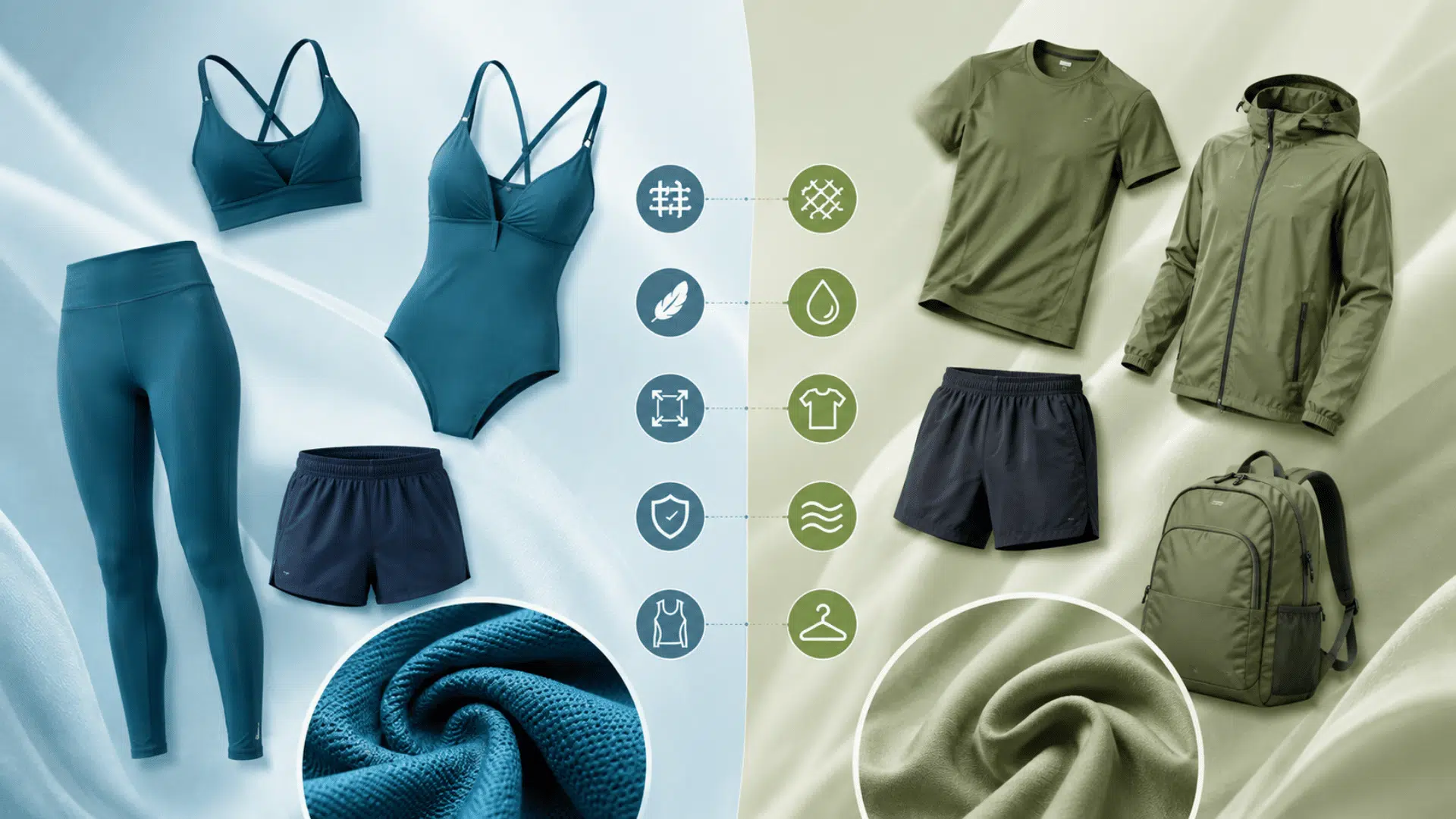 blue polyamide activewear and green polyester clothing arranged beside close-up fabric textures and comparison icons
