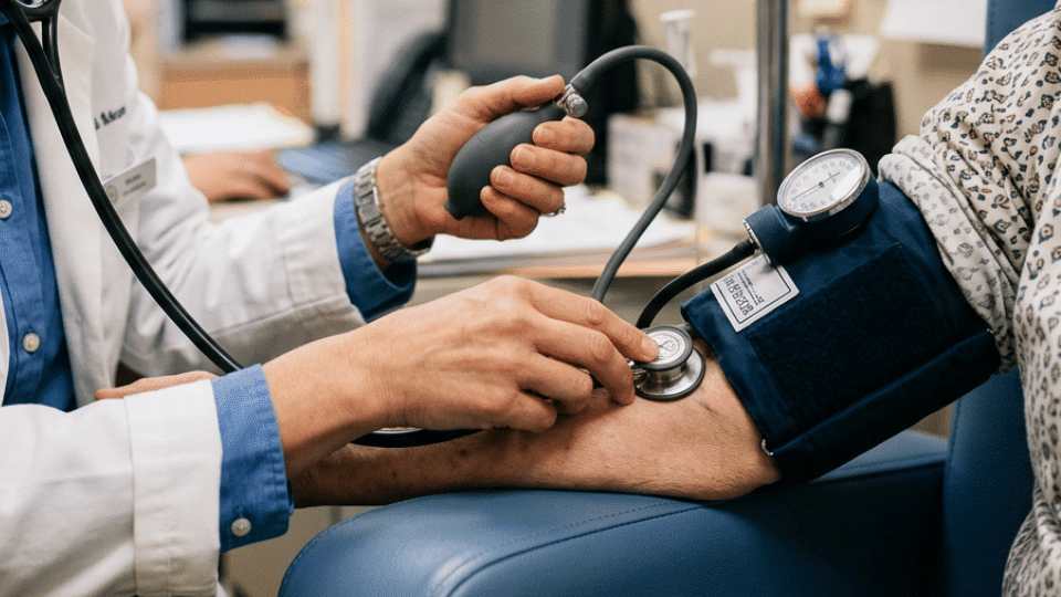 Doctor measuring a patient’s blood pressure with a manual cuff and stethoscope during a medical checkup.