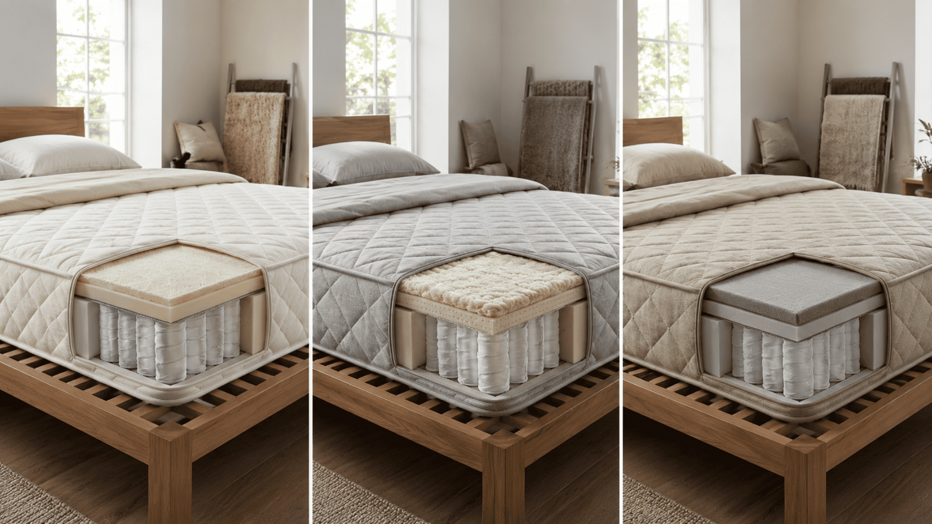 three mattresses with different internal layers shown in a realistic bedroom comparison view