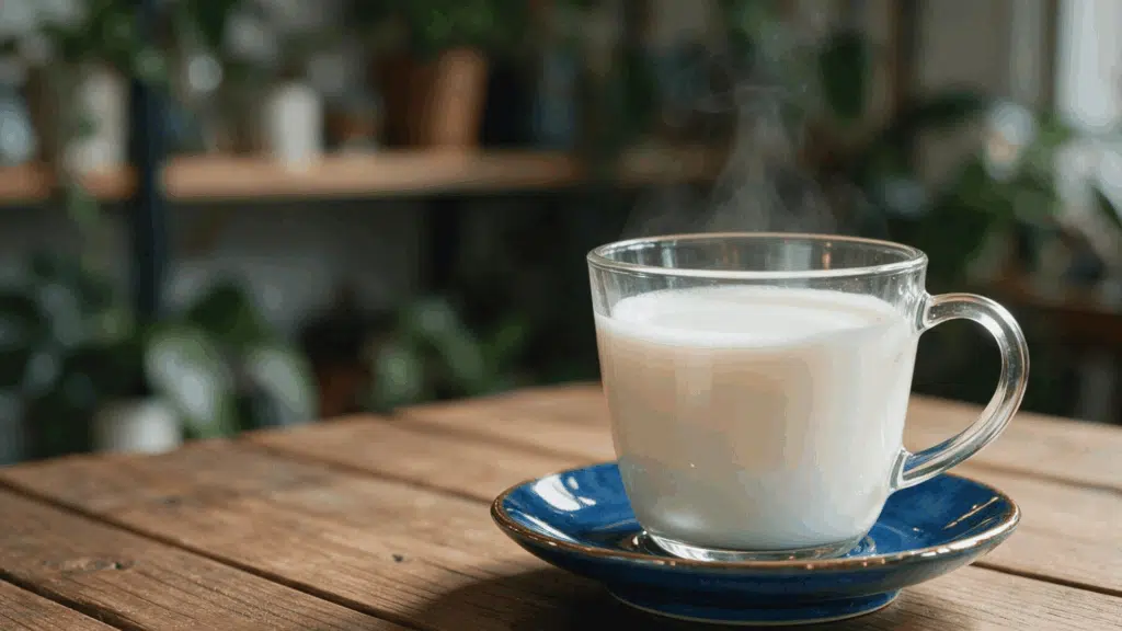 clear glass mug filled with white warm milk.