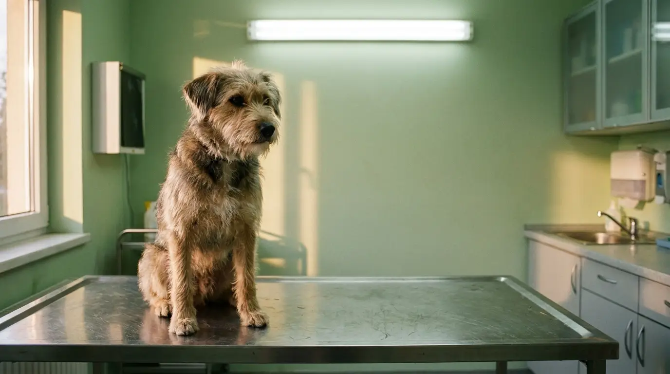 Dog sitting on metal examination table in brightly lit veterinary clinic room