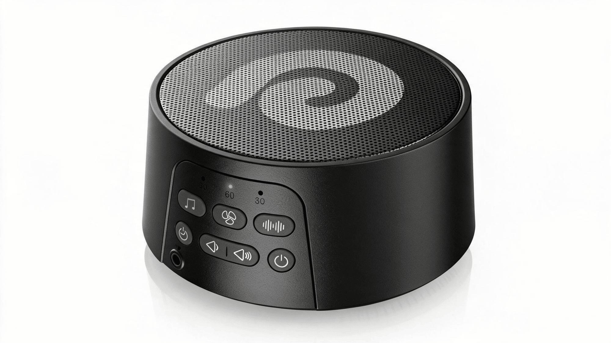dreamegg d3 pro white noise machine with black round design, speaker grille, control buttons, and timer settings on a clean background