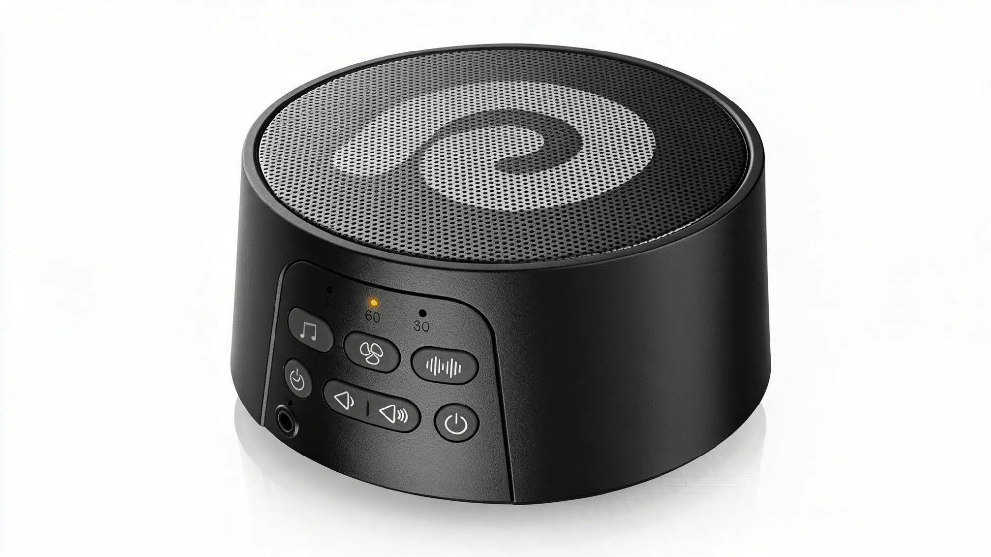 dreamegg d3 pro white noise machine with black round design, speaker grille, control buttons, and timer settings on a clean background