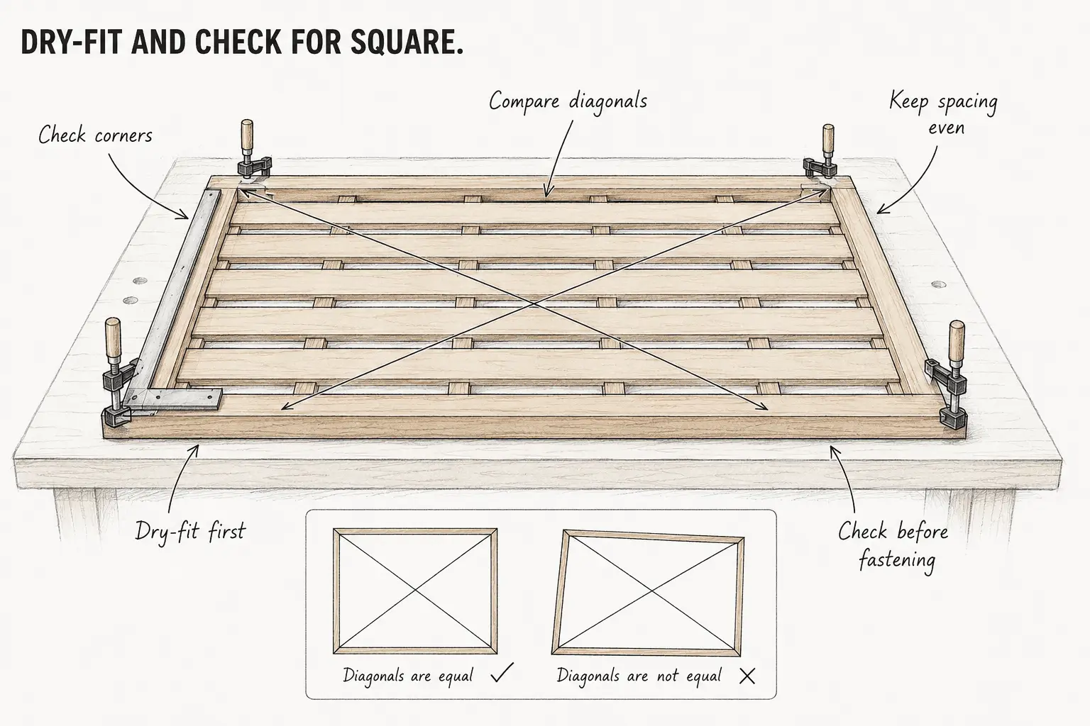 Wooden frame dry-fit with clamps on workbench showing diagonal check for squareness