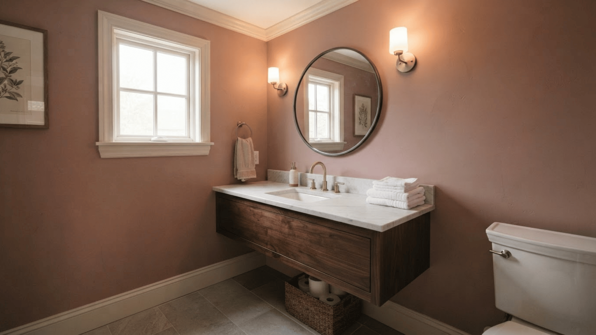dusty rose bathroom with dark wood vanity, white counter, and warm wall lighting