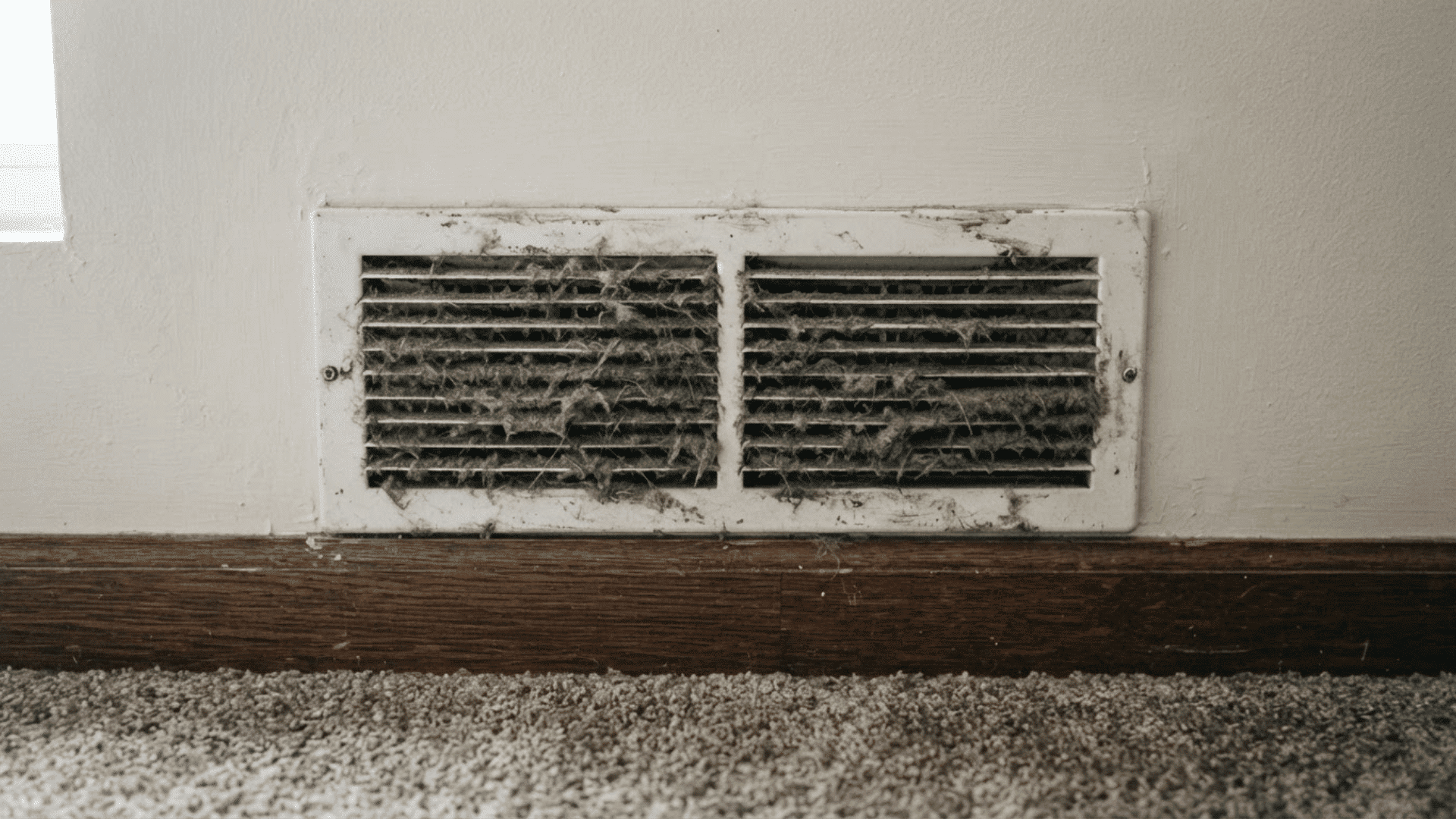 dusty wall air vent covered with debris and buildup near the floor