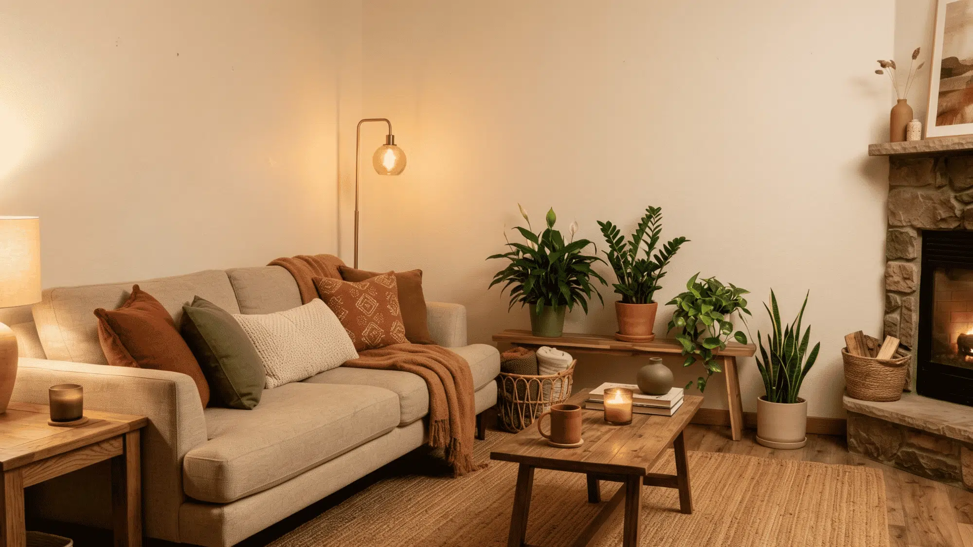 Warm living room with beige, rust, olive, terracotta, and cream earthy decor tones.