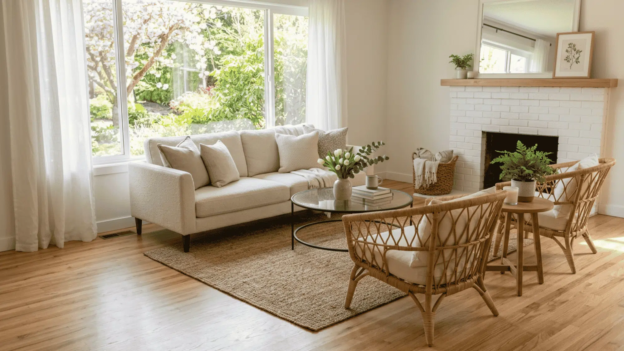 Cozy living room with clear walking path, spaced furniture, rug, and warm lighting.
