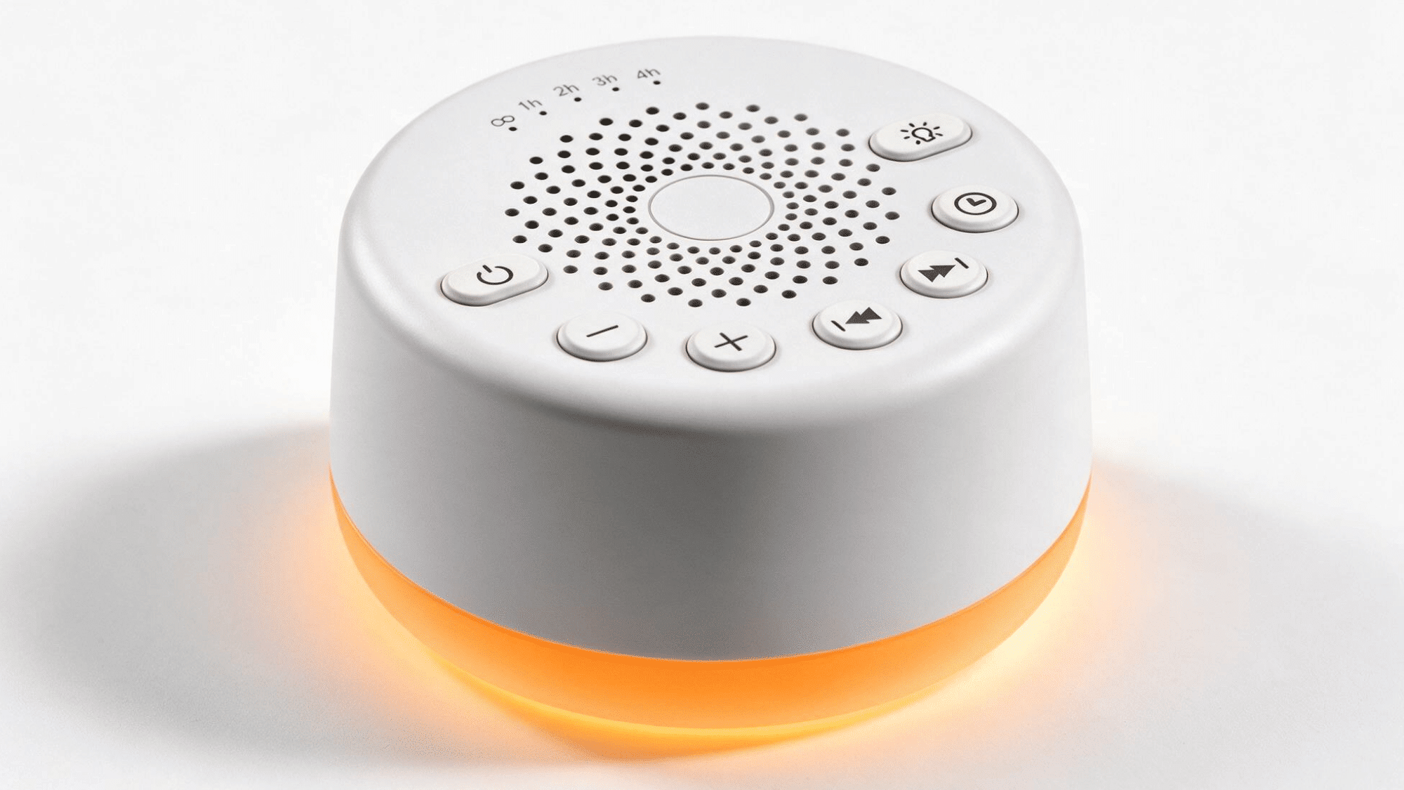 easysleep white noise machine with round design, sound speaker grille, timer buttons, and glowing night light base on a white background