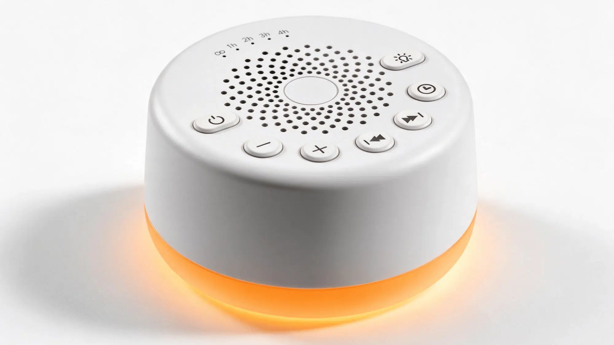 easysleep white noise machine with round design, sound speaker grille, timer buttons, and glowing night light base on a white background