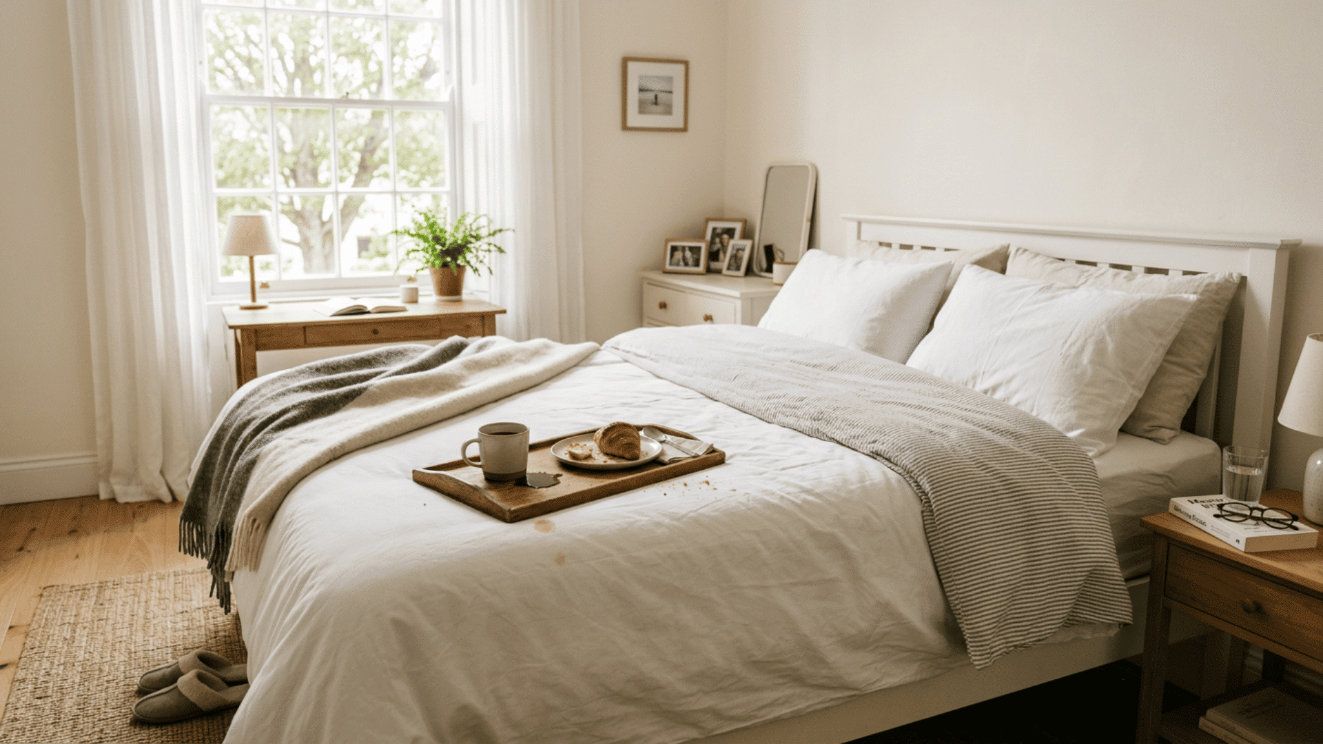 Coffee spill and crumbs on white bed sheets in a bright, simple bedroom.