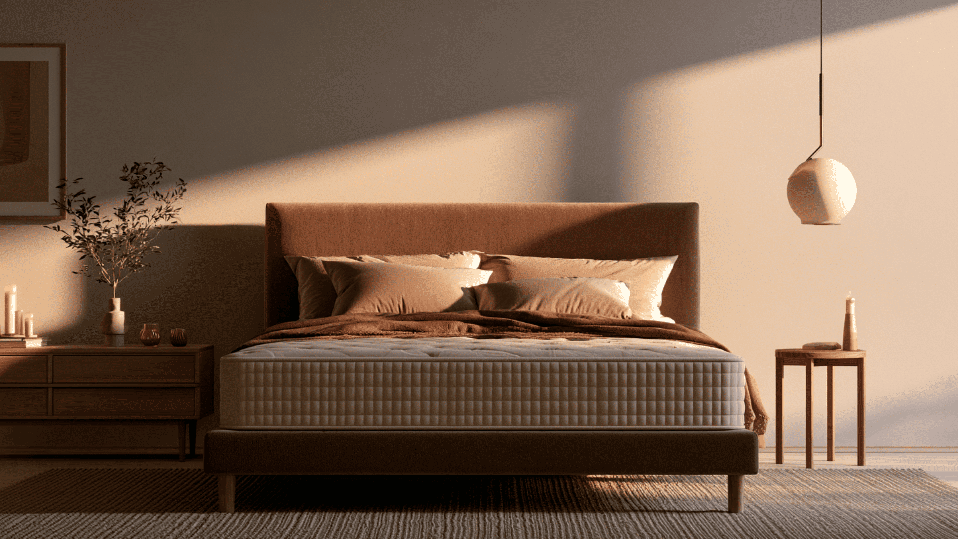 Eco Terra Hybrid Latex mattress on a brown bed frame in a warm, elegant bedroom setting.