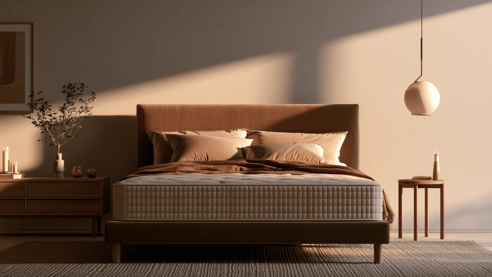 Eco Terra Hybrid Latex mattress on a brown bed frame in a warm, elegant bedroom setting.