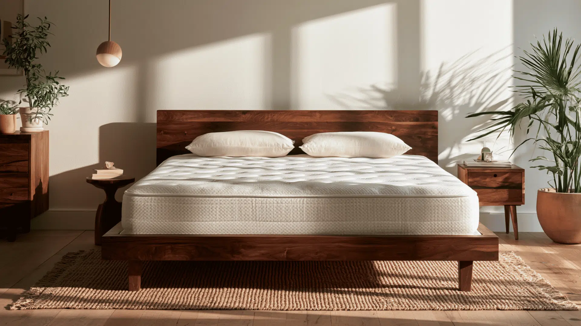 EcoCloud Hybrid latex mattress on a wooden bed frame in a bright, airy modern bedroom.