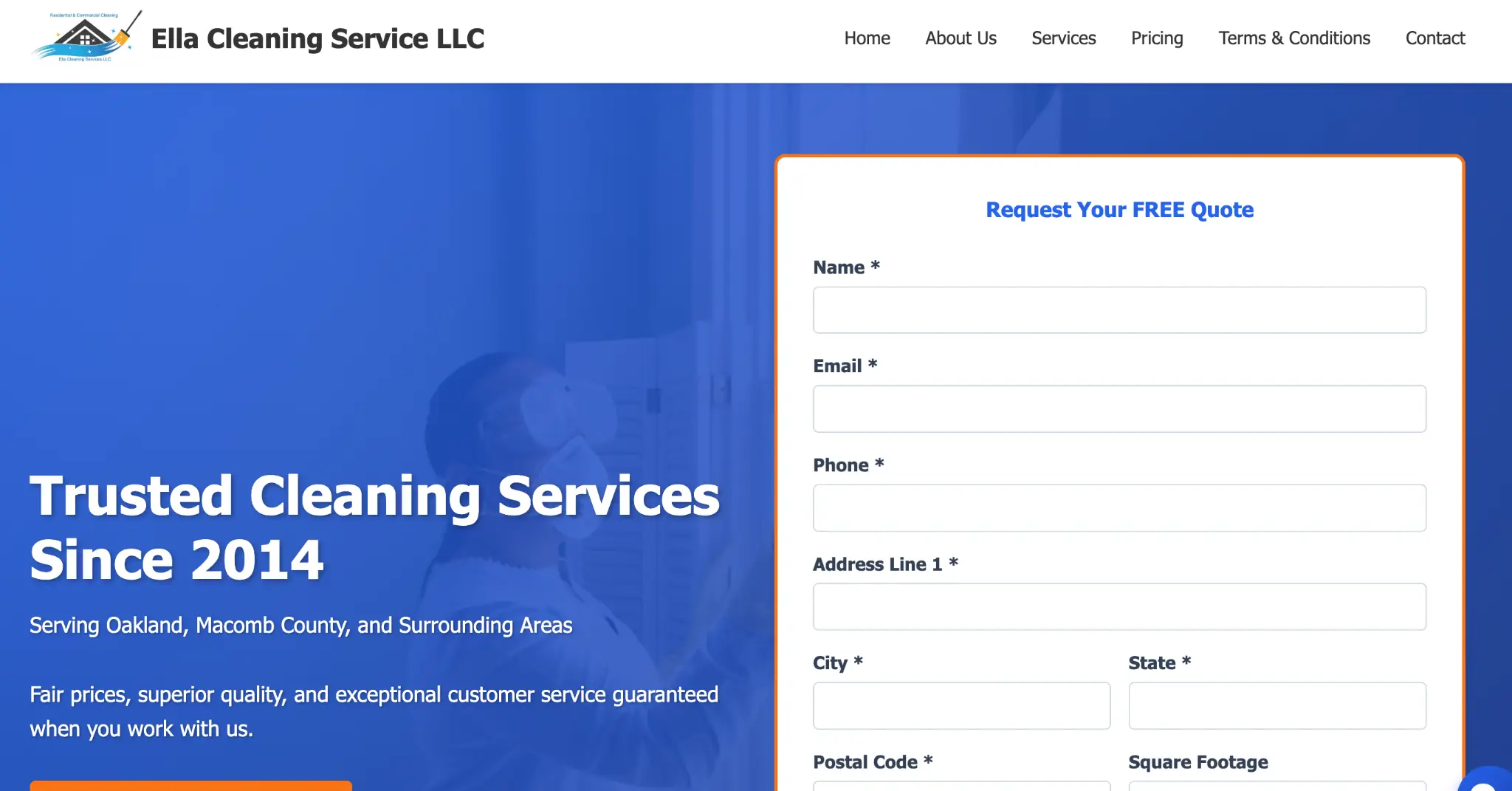 Online cleaning service contact form with input fields against blue background