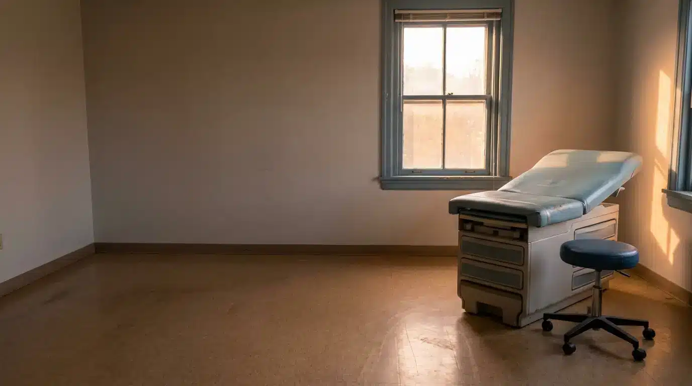Examination table and stool in empty medical room with sunlight through window