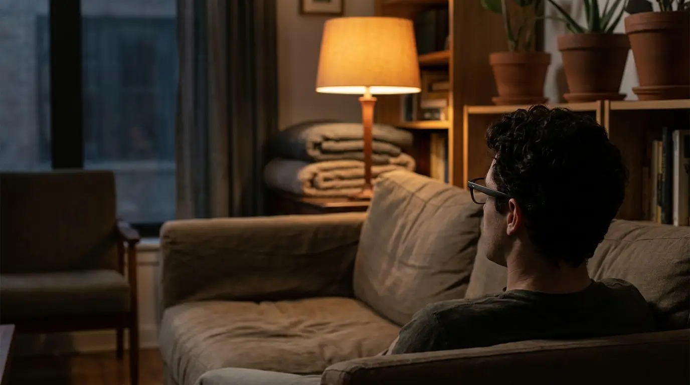 Man sitting on brown sofa in cozy living room with plants and warm lamp lighting