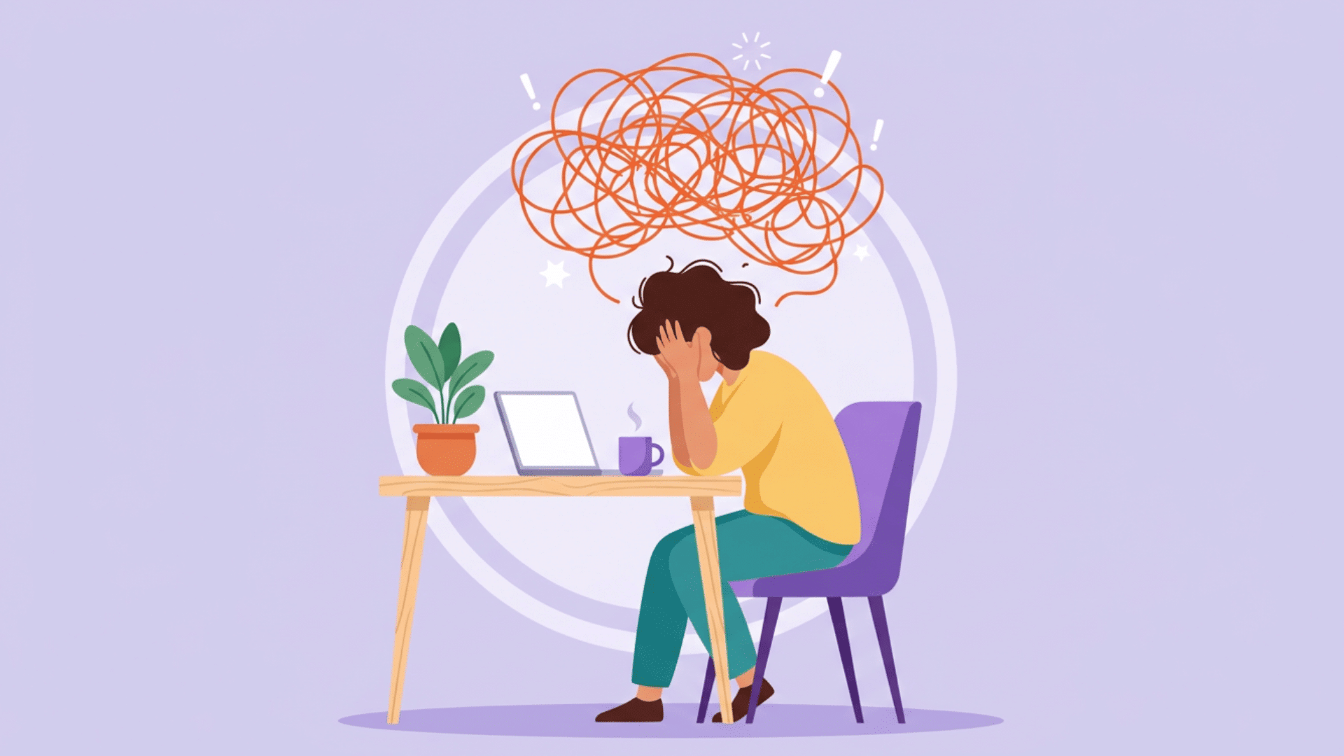 Exhausted worker sitting at the desk with tangled thoughts symbolizing stress and workplace burnout.