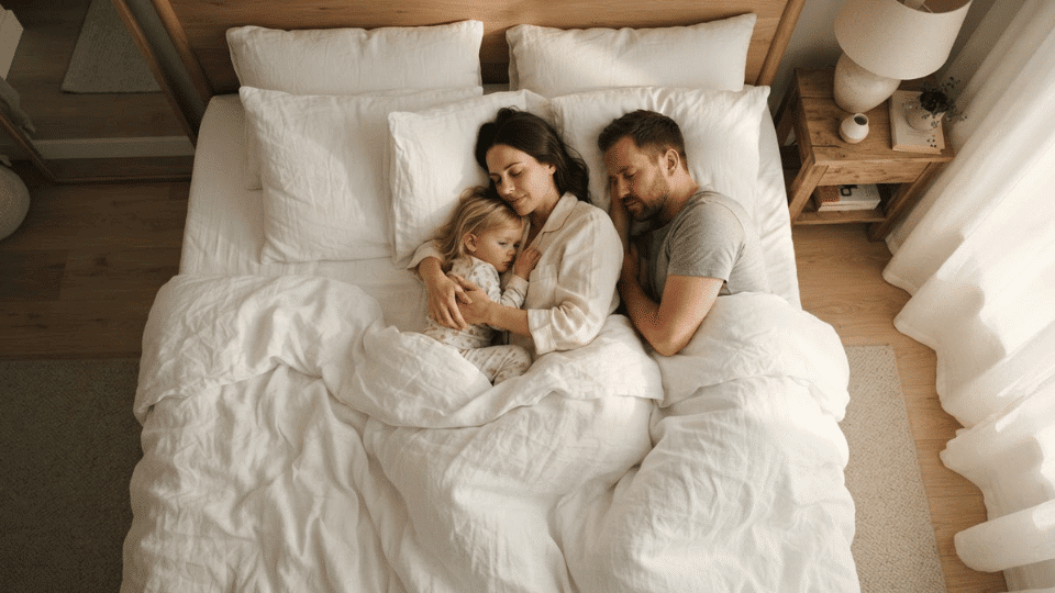family sleeping together peacefully in a bright, comfortable bedroom