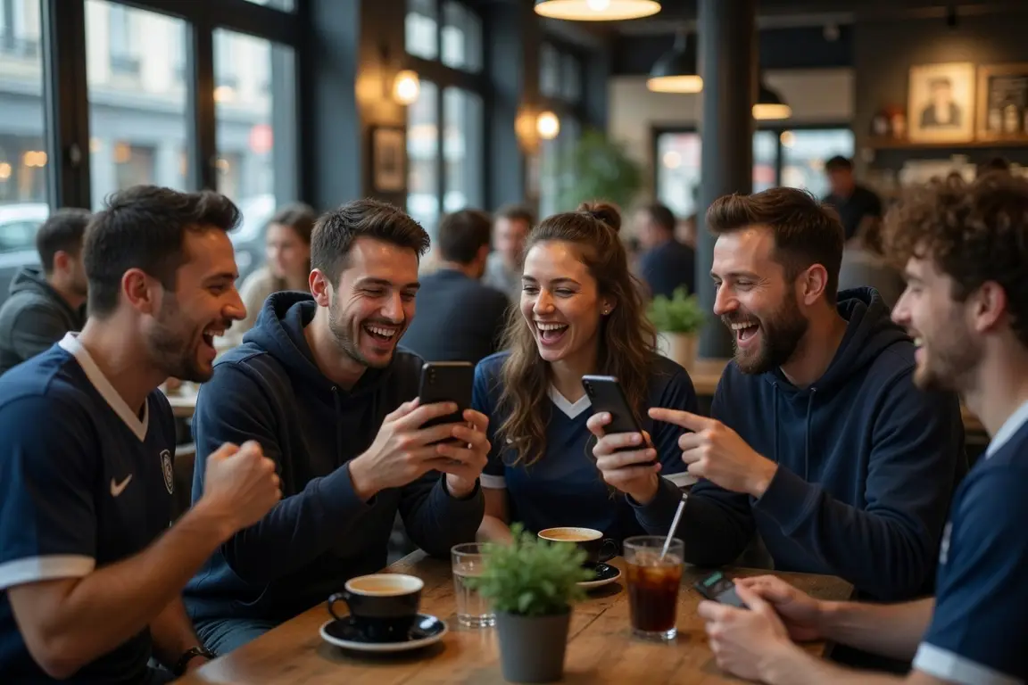 Group of friends laughing and looking at smartphones in a cozy cafe setting