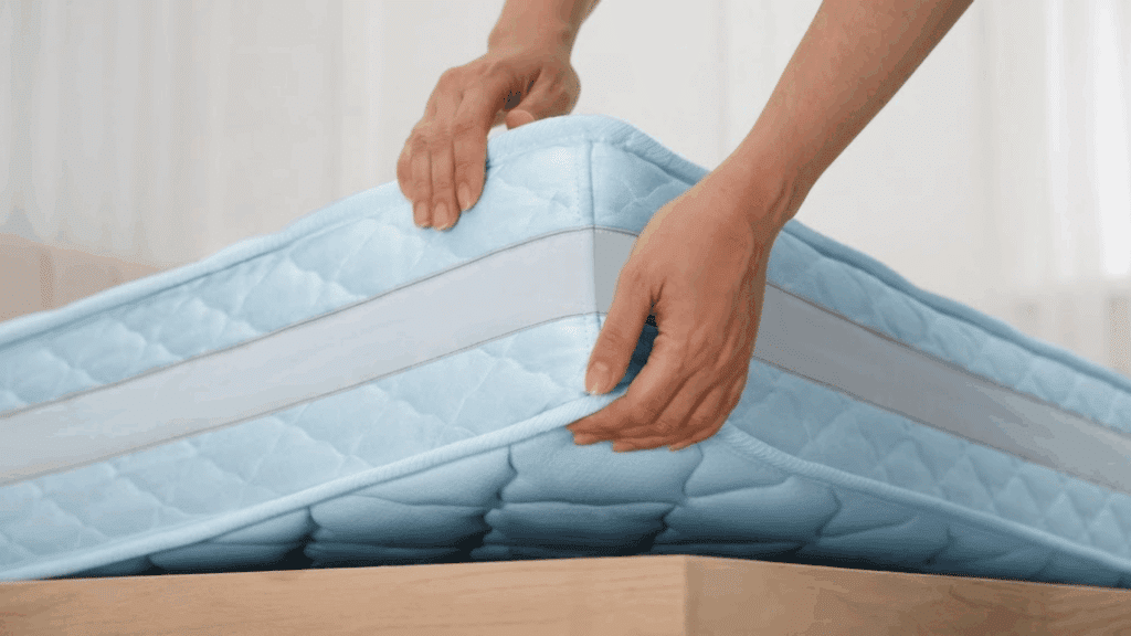 hands lifting a mattress cover to show internal foam layers and protective fabric material