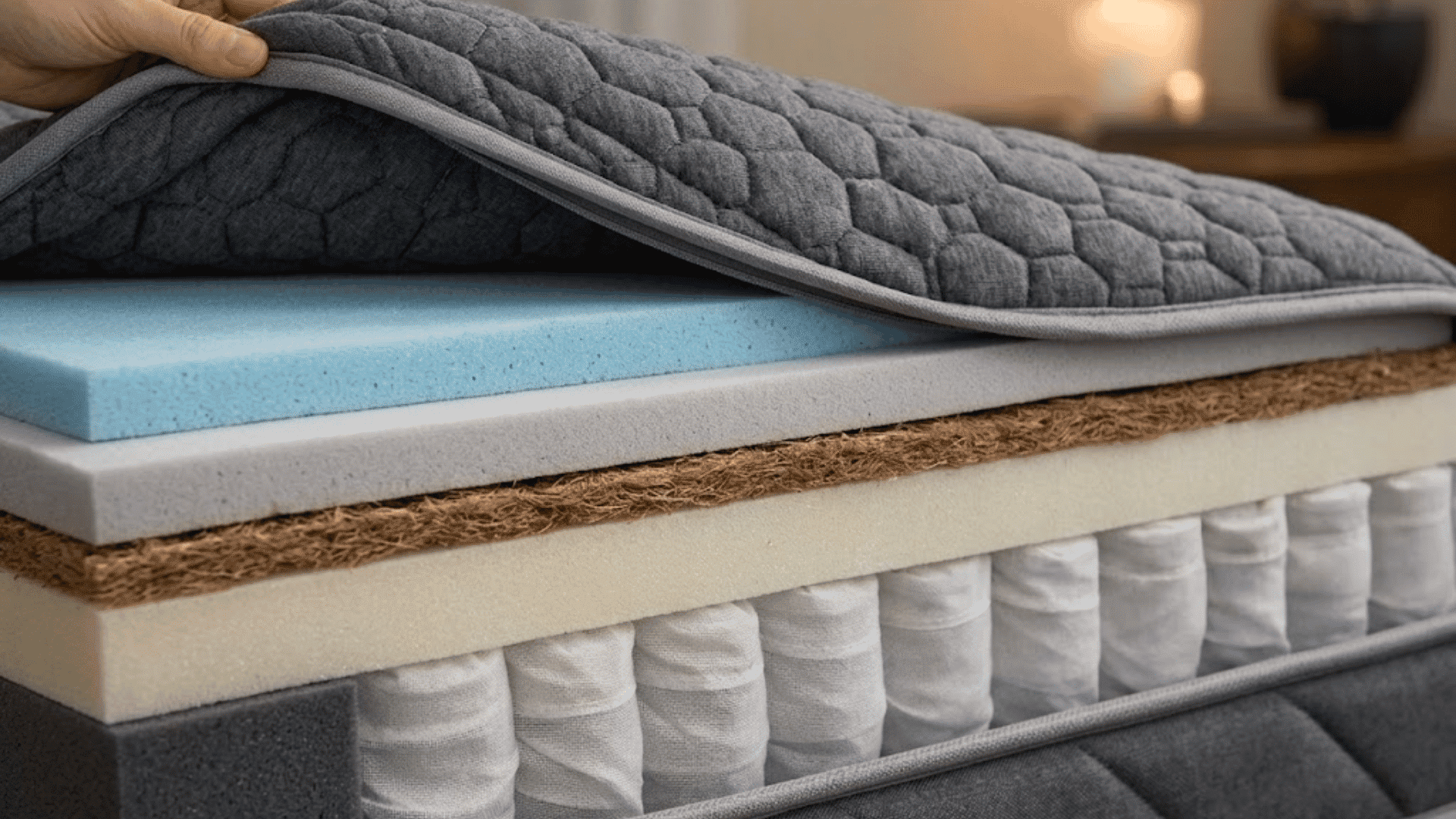 close view of mattress layers showing foam, springs, and a hidden fiber barrier inside