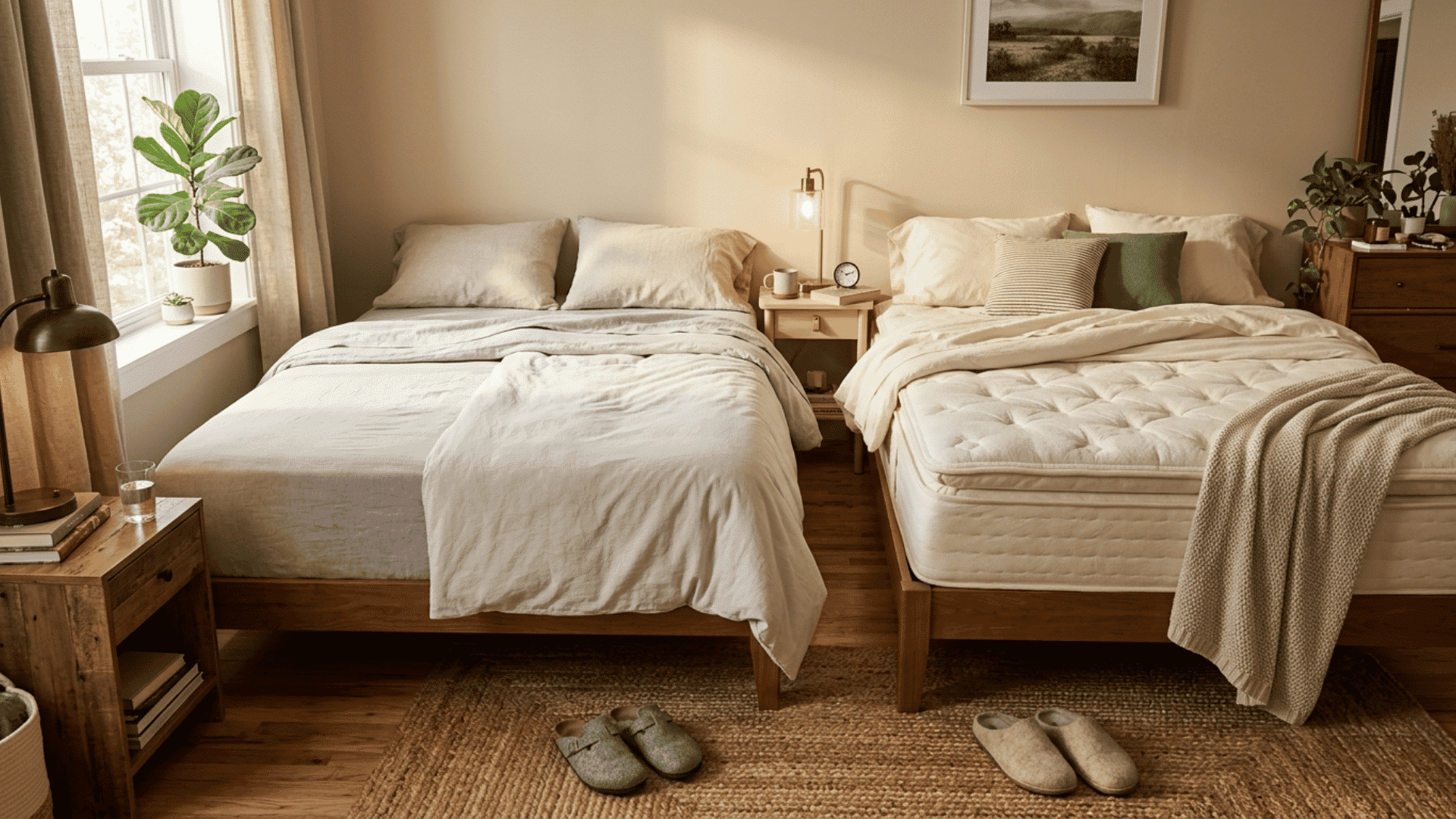 two neutral beds with different mattress tops in a warmly sunlit bedroom setting