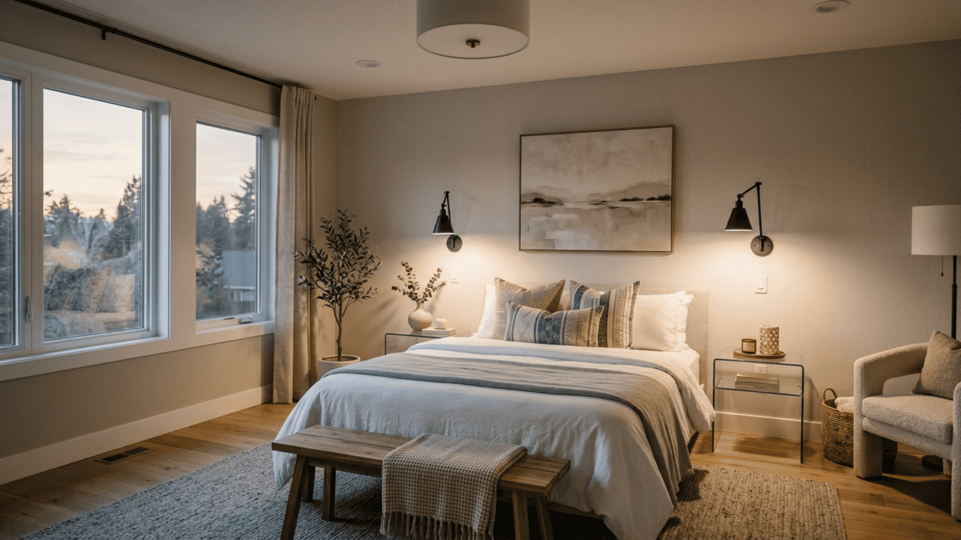 Adjustable wall reading lights fitted on both sides of a guest bed