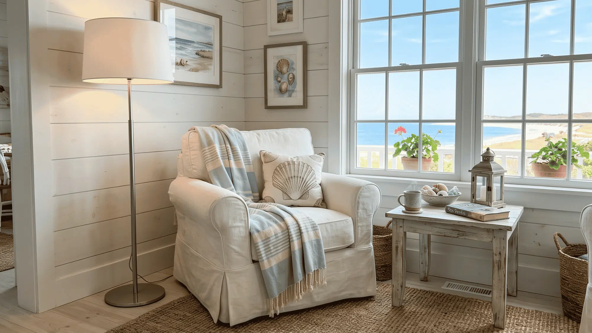 Living room corner with tall floor lamp, cozy chair, throw blanket, side table, and rug.
