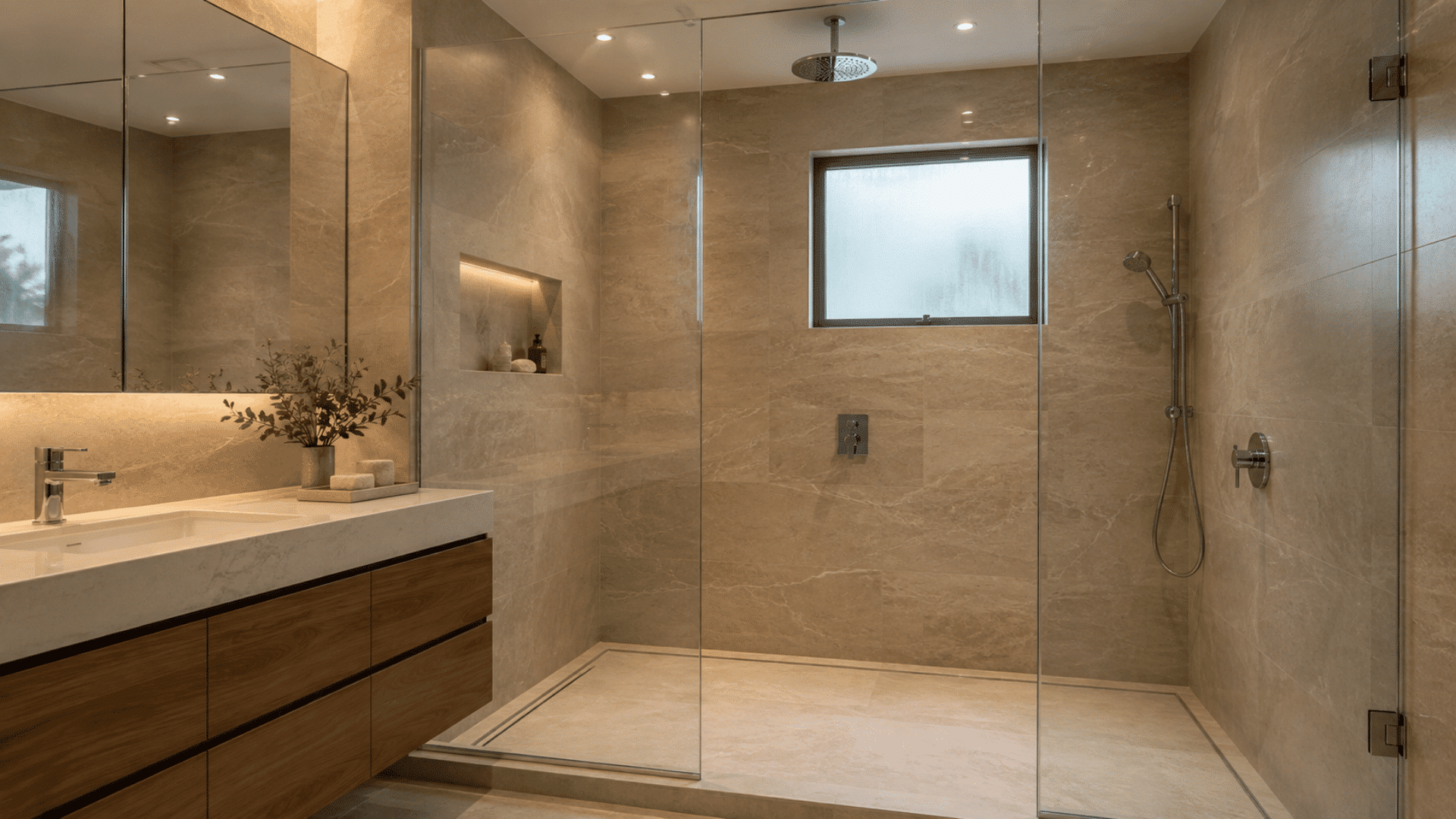 floor-to-ceiling tiled shower with glass enclosure, niche, and warm lighting