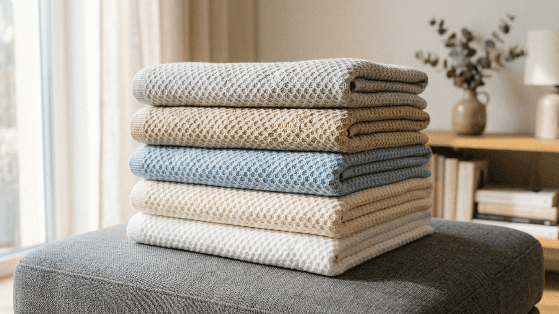 folded textured matelassé coverlets stacked in neutral and blue shades on a gray upholstered bench