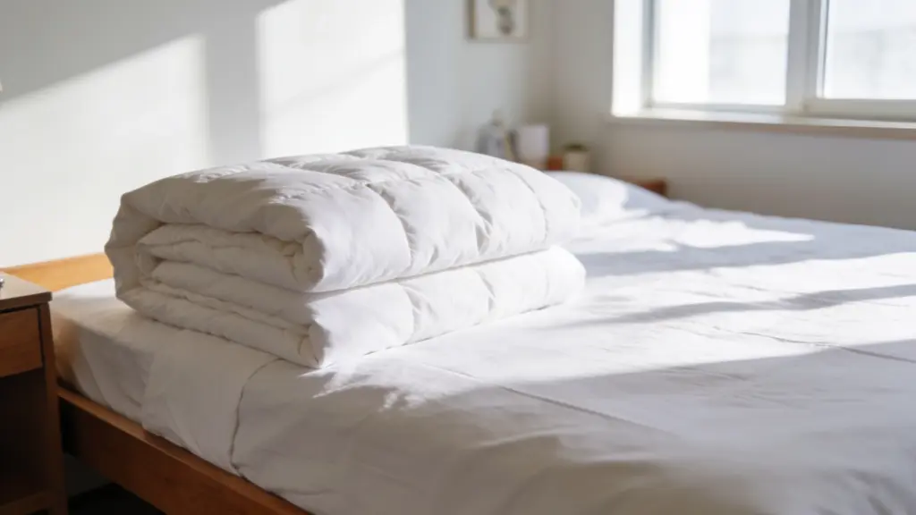 folded white comforter stacked on a made bed in a bright bedroom