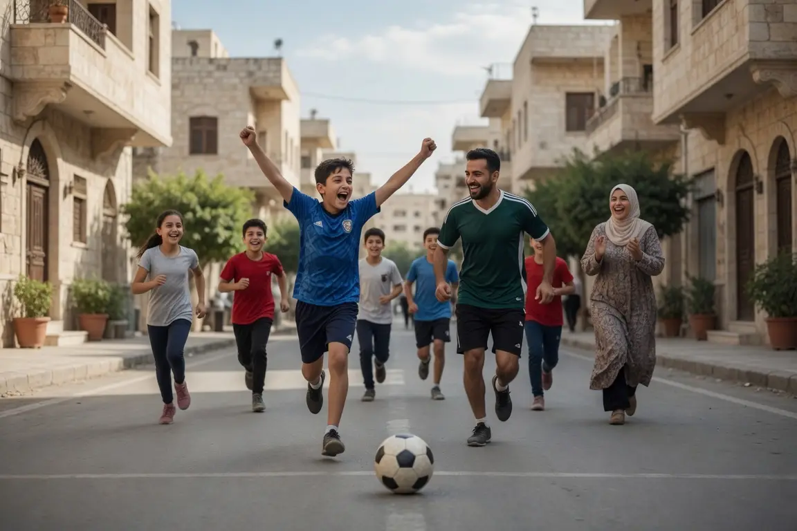 Children and adults playing soccer on a sunny street surrounded by stone buildings