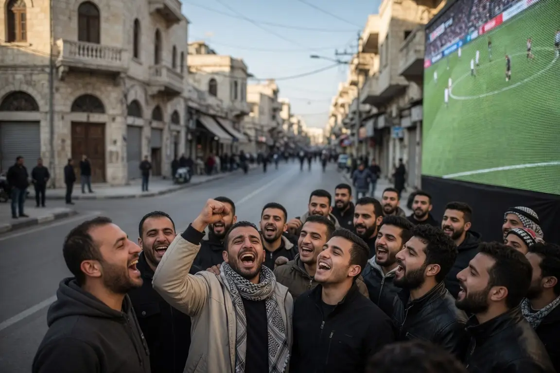 Group of men cheering while watching soccer match on large outdoor screen in urban street setting