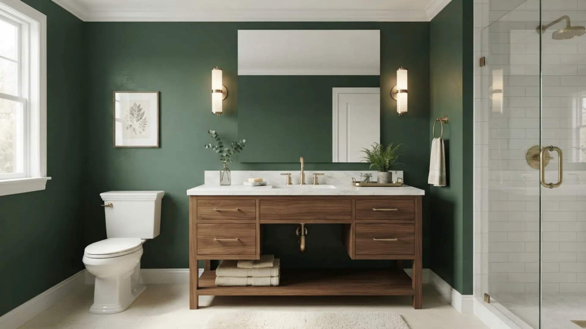 forest green bathroom with dark wood vanity, white tile, brass fixtures, and mirror