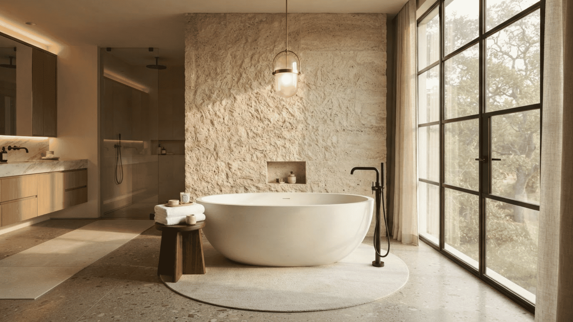 freestanding tub in luxury bathroom with stone feature wall, large windows, and warm lighting
