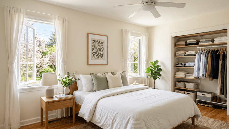 Freshly cleaned bedroom with organized closet, neat bedding, and clutter-free interior during spring cleaning
