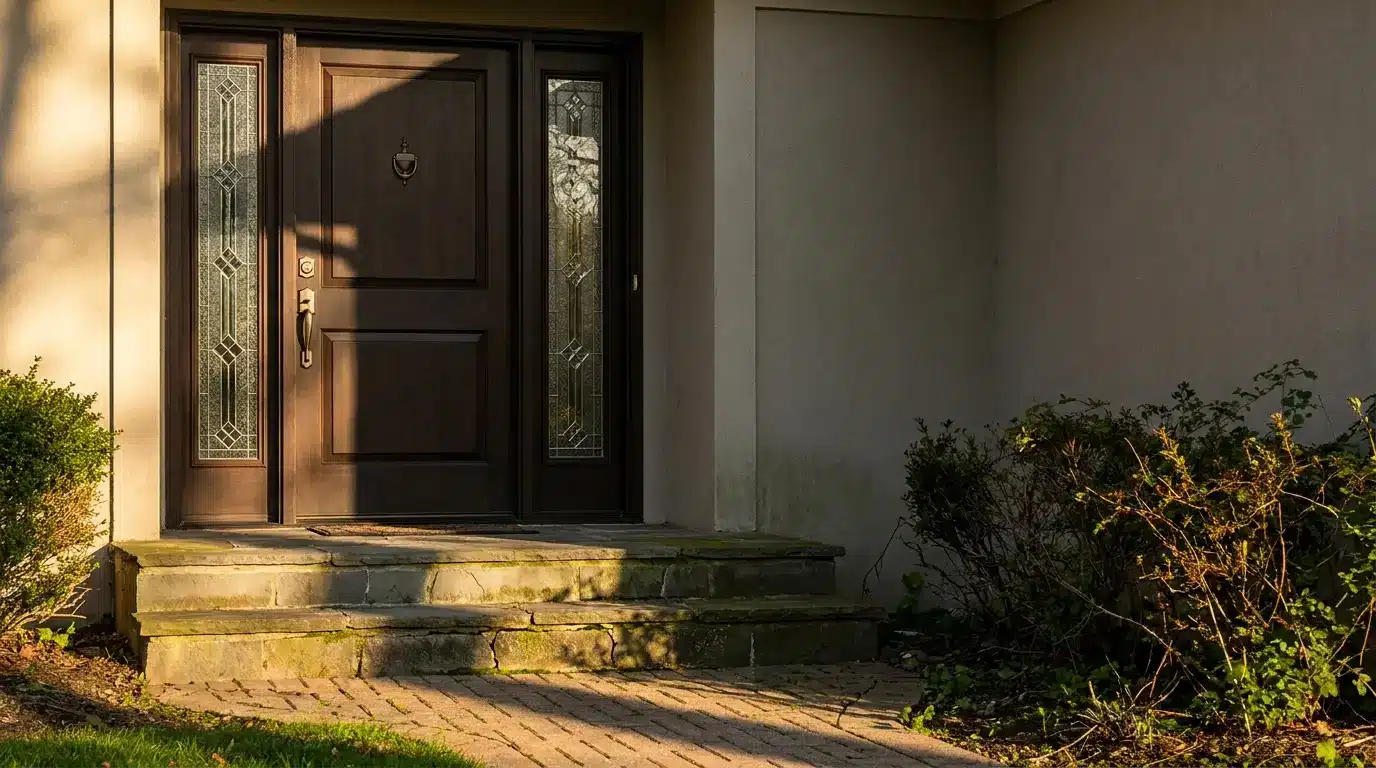 Dark wooden front door with glass panels and steps in a shadowed entranceway